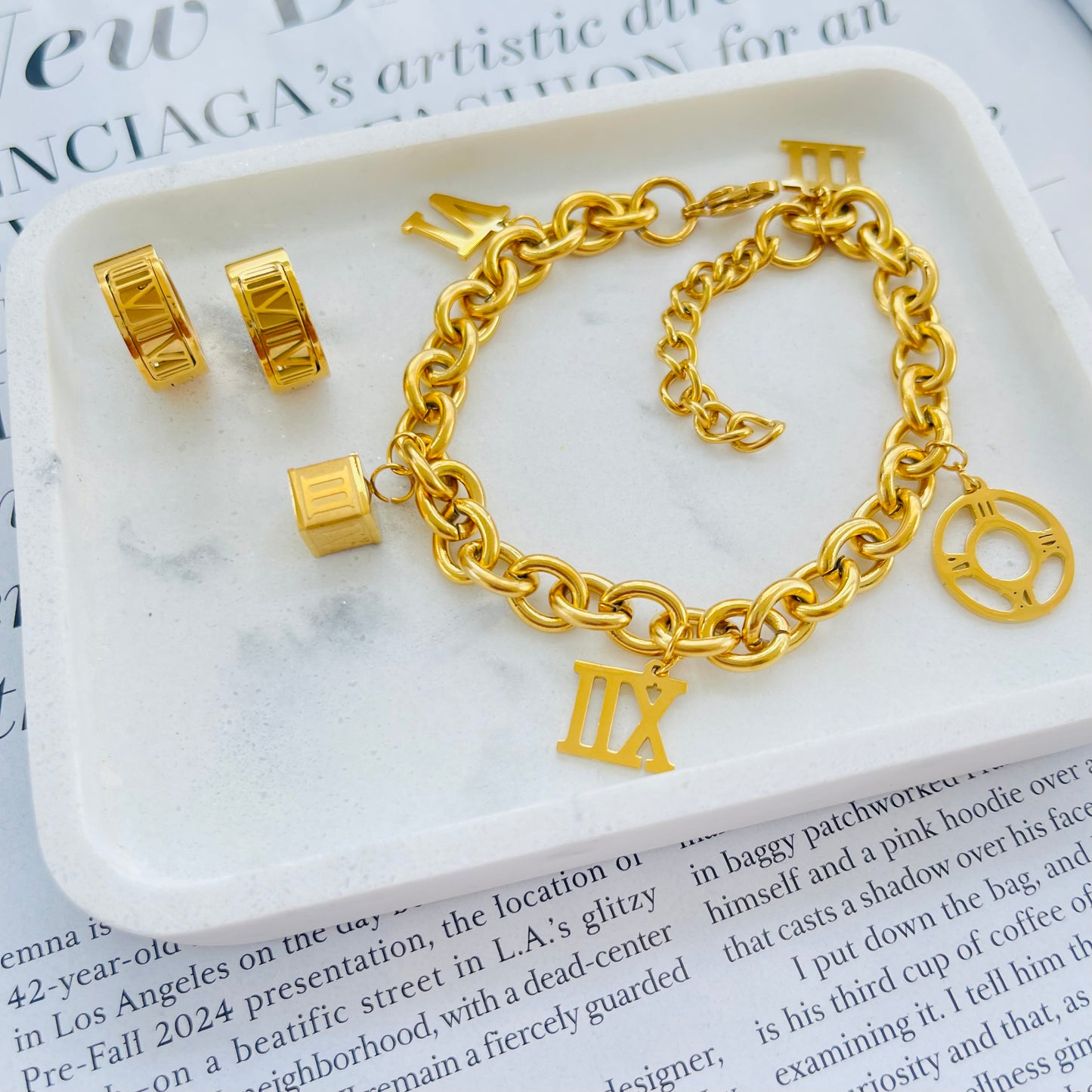 Gold Roman Numbers Earring & Bracelet