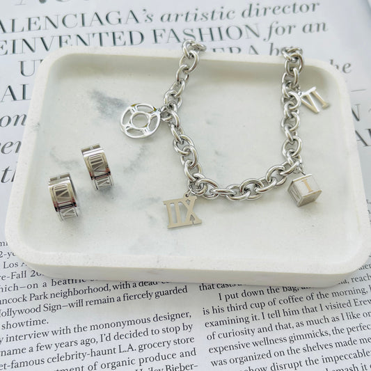 Silver Roman Numbers Earring & Bracelet