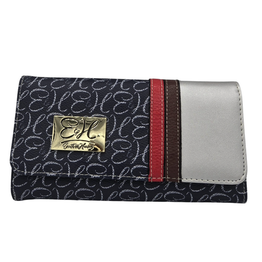Navy blue wallet with red, brown and silver stripes